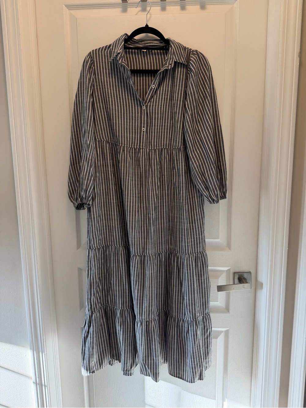 Max Studio Gray and White Striped Tiered Maxi Dress